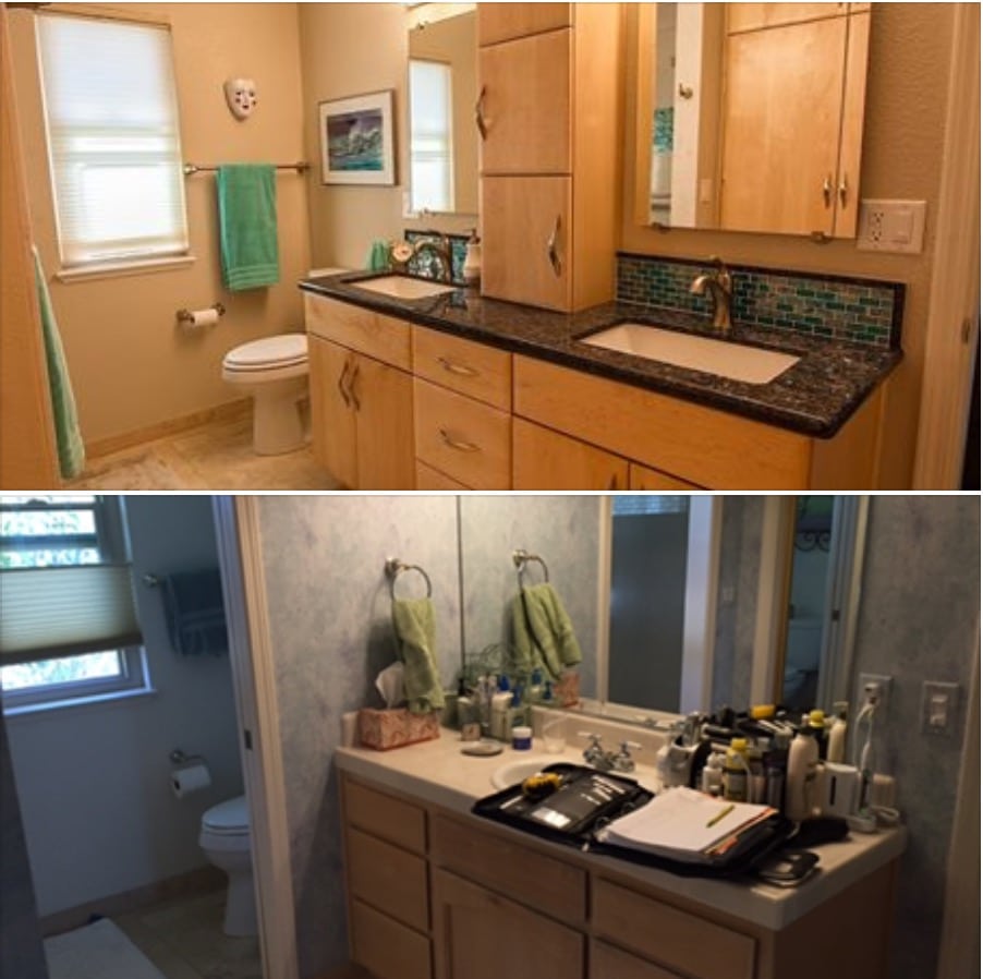 before and after pictures of a dated bathroom to a new modern bath
