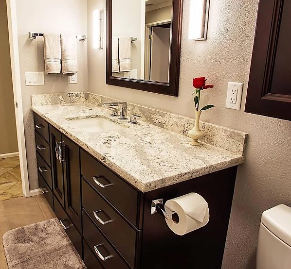 Bath Vanity with Cambria Quartz Counter and Kohler Faucet - Cherry Cabinets