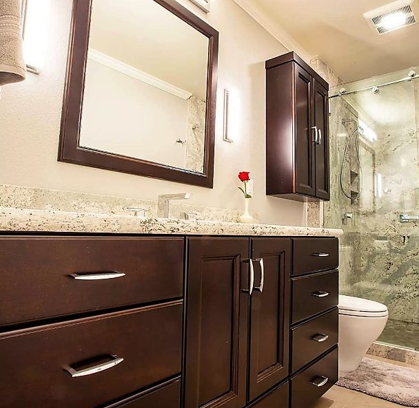 Remodeled Bathroom with Cambria Summerhill Quartz and Dark Cherry Vanity Cabinet