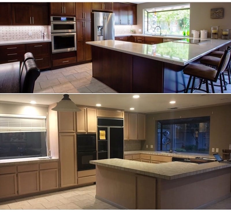 Before and after Kitchen with large Island - stacked view - Leslie Kate photo