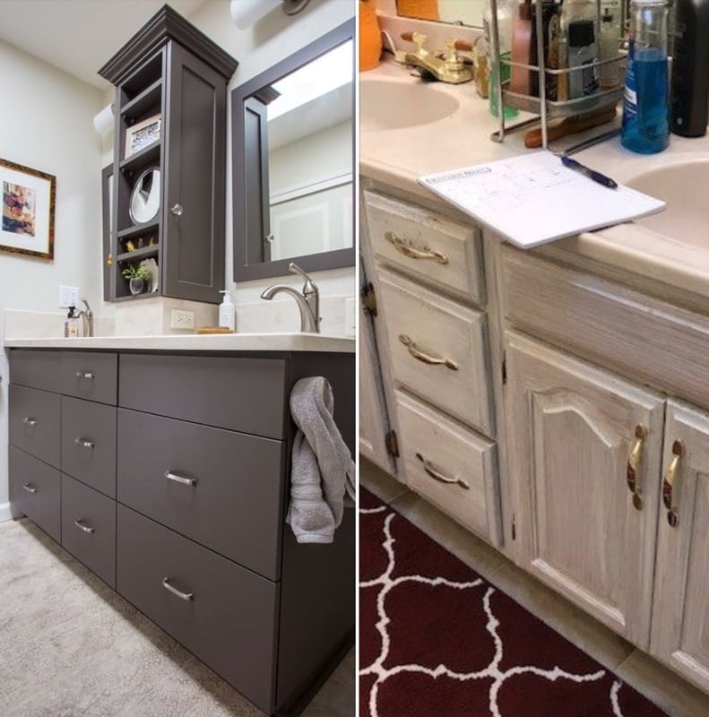 before and after gray modern vanity - split screen - Leslie Kate photo